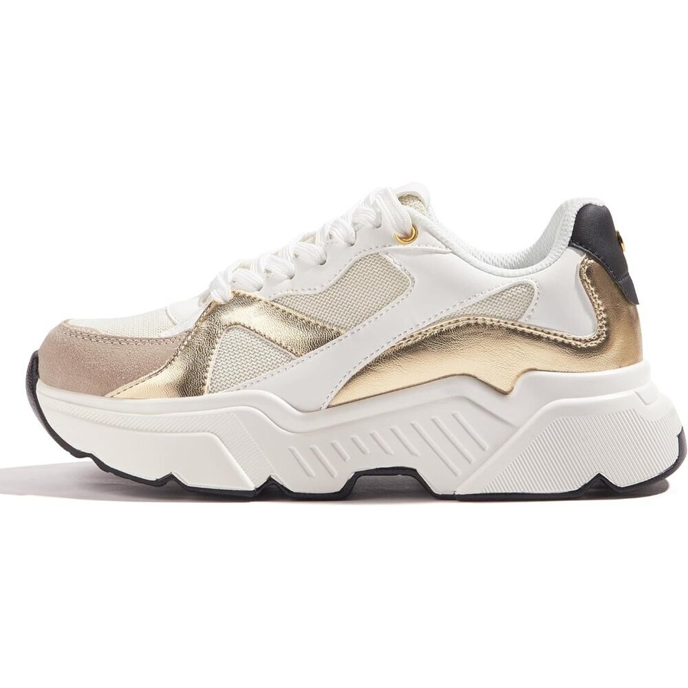 ⚡Women's Gold Beige Platform Chunky Sneakers Fashion Sneakers Casual Lace Up
